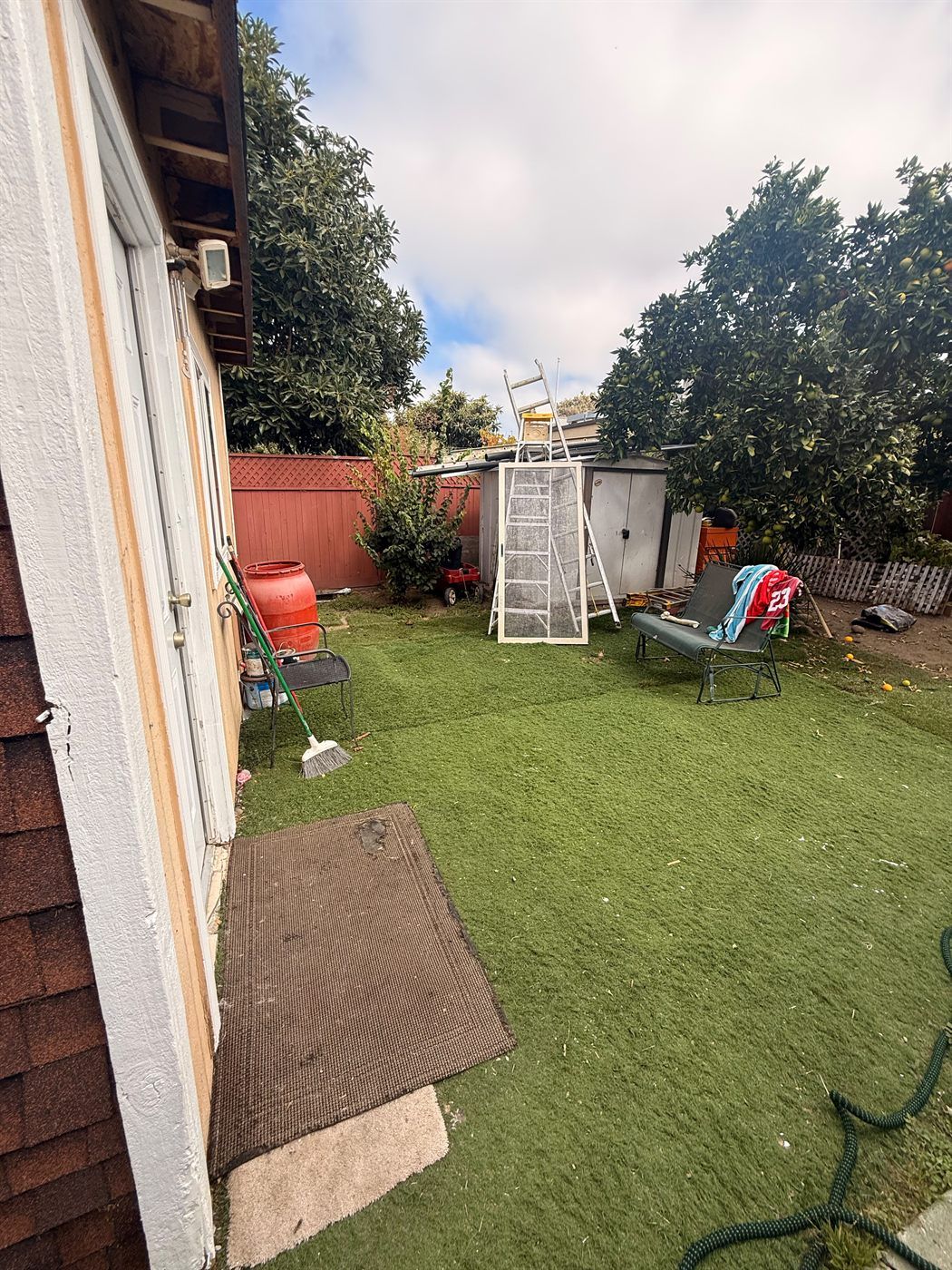 Rear lawn with artificial turf and mature fruit trees